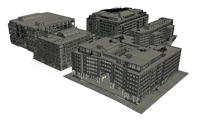 Laserskanning av Marievik, ett stort kontorsområde i Liljeholmen, Stockholm, för att skapa detaljerade 3D-modeller och 2D-planlösningar för fastighetsutveckling och ombyggnation.