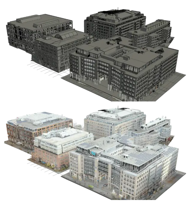 Visar processer för att omvandla punktmoln från laserskanning till detaljerade 3D-modeller, där Clinton Mätkonsult skapar BIM-modeller för fastigheter, vägar och tunnlar. Bilden representerar arbete med CAD/BIM-specialister som levererar exakta modeller för byggprojektering och digital visualisering.